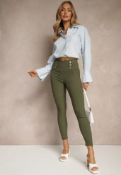 Ciemnozielone Legginsy High Waist z Ozdobnymi Guzikami Kolowenia. Zielone legginsy damskie Renee, bez wzorów, z jeansu. Za 39.99 zł.
