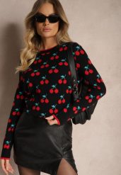Czarny Casualowy Sweter z Wiskozą Ozdobiony Printem w Wisienki Avattria. Czarne swetry nierozpinane damskie Renee, bez wzorów, z jeansu, casualowe, bez kołnierzyka, bez ramiączek. Za 119.99 zł.