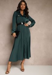 Zielona Satynowa Sukienka w Stylu Szmizjerki z Imitacjami Kieszeni i Paskiem Vaminay. Zielone sukienki damskie Renee, l, bez wzorów, z satyny, eleganckie, bez kołnierzyka, bez ramiączek, maxi, kopertowe. Za 159.99 zł.
