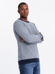 Dzianinowy sweter męski RELAXED FIT we wzory – granatowy V1 OM-SWSW-0111 - XXL. Niebieskie swetry męskie Ombre Clothing, l, bez wzorów, z bawełny, bez kołnierzyka, bez ramiączek. W wyprzedaży za 69.99 zł.