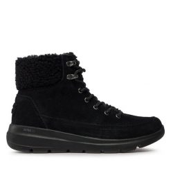 Trzewiki Skechers. Czarne botki damskie Skechers, bez wzorów, bez obcasa, na płaskiej podeszwie, bez zapięcia. Za 259.99 zł.