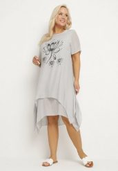 Jasnoszara Sukienka z Bawełny i kwiatowym Motywem Vareldi. Szare sukienki damskie Born2be, na co dzień, na lato, xl, z aplikacjami, z bawełny, eleganckie, bez kołnierzyka, bez ramiączek, midi, proste. Za 59.99 zł.