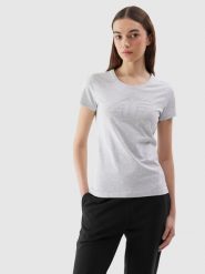 4F T-shirt slim z nadrukiem damski - szary S. Szare t-shirty damskie 4F, s, bez wzorów, z bawełny, sportowe, bez kołnierzyka, bez ramiączek. W wyprzedaży za 39.99 zł.