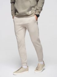 Spodnie męskie dresowe ze ściągaczem przy nogawce BASIC jogger - jasnobeżowe V1 - Rozmiar: S. Szare spodnie sportowe męskie Ombre Clothing, m, z aplikacjami, z bawełny, trekkingowe. W wyprzedaży za 118.99 zł.