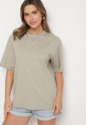 Ciemnobeżowy Bawełniany Klasyczny T-shirt Merovira. Brązowe t-shirty damskie Born2be, bez wzorów, z bawełny, klasyczne, bez kołnierzyka, bez ramiączek. Za 64.99 zł.