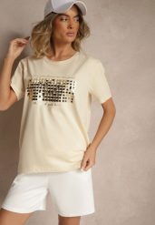 Beżowy T-shirt z Bawełny z Naszytymi Cekinami Avenelli. Brązowe t-shirty damskie Renee, xl, bez wzorów, z bawełny, eleganckie, bez kołnierzyka, bez ramiączek. Za 44.99 zł.
