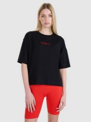 4F T-shirt oversize z nadrukiem damski - czarny XS. Czarne t-shirty damskie 4F, xs, bez wzorów, z bawełny, klasyczne, bez kołnierzyka, bez ramiączek. W wyprzedaży za 39.99 zł.