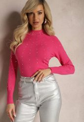 Różowy Sweter Golf z Cyrkoniami z Przodu Jacque. Czerwone swetry nierozpinane damskie Renee, m, bez wzorów, bez kołnierzyka, bez ramiączek. Za 99.99 zł.