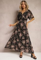 Czarno-Różowa Sukienka Kopertowa z Krótkim Rękawem Wiązana z Tyłu z Gumką w Talii Cristola. Czarne sukienki damskie Renee, l, bez wzorów, eleganckie, bez kołnierzyka, bez ramiączek, maxi, kopertowe. Za 84.99 zł.