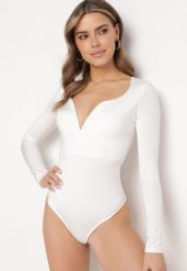 Białe Body z Wcięciem na Dekolcie i Długimi Rękawami Devereua. Białe body Born2be, bez wzorów, z jeansu. Za 99.99 zł.