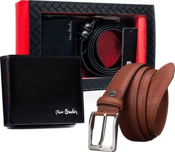 Pierre Cardin Zestaw prezentowy: skórzany portfel i pasek męski. Portfele męskie Pierre Cardin, bez wzorów. Za 451.34 zł.