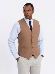 Kamizelka męska garniturowa bez klap - karmelowa V1 - Rozmiar: M. Brązowe garnitury męskie Ombre Clothing, m, bez wzorów, z poliesteru, eleganckie. W wyprzedaży za 179.99 zł.