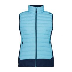 Damska hybrydowa kurtka bez rękawów CMP Unlimitech. Niebieskie kurtki sportowe damskie CMP, bez wzorów, z materiału, bez ramiączek, z kapturem, trekkingowe, primaloft. Za 372.50 zł.