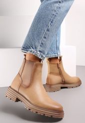 Beżowe Botki z Elastyczną Gumką na Cholewce za Kostkę Koppe. Brązowe botki damskie Renee, bez wzorów, za kostkę, bez obcasa, na płaskiej podeszwie, bez zapięcia. Za 79.99 zł.