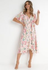 Różowa Sukienka Rirra. Czerwone sukienki damskie Born2be, m, bez wzorów, bez kołnierzyka, bez ramiączek, midi, kopertowe. Za 29.99 zł.