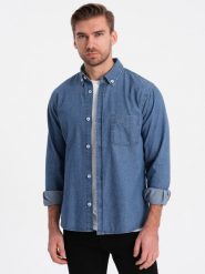 Klasyczna koszula męska jeansowa SLIM - niebieska OM-SHDS-0116 - S. Niebieskie koszule męskie Ombre Clothing, m, bez wzorów, z bawełny, klasyczne, bez kołnierzyka, bez ramiączek. W wyprzedaży za 49.99 zł.