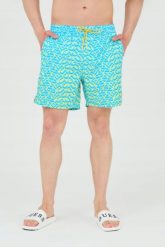 GUESS Szorty kąpielowe niebiesko-żółte. Niebieskie kąpielówki męskie Guess, m, z aplikacjami, z poliesteru. W wyprzedaży za 263.99 zł.