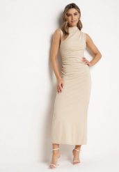Beżowa Dopasowana Sukienka Bodycon z Dekoracyjnym Marszczeniem Bez Rękawów Tykena. Brązowe sukienki damskie Born2be, na imprezę, m, bez wzorów, wizytowe, bez kołnierzyka, bez ramiączek, maxi, bodycon. Za 99.99 zł.