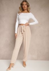 Beżowe Spodnie High Waist Ozdobione Wiązanym Paskiem Araleira. Brązowe spodnie materiałowe damskie Renee, na wiosnę, bez wzorów, z jeansu, z podwyższonym stanem, długie. Za 44.99 zł.