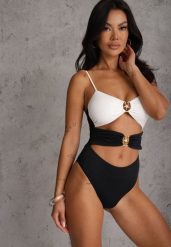 Biało-Czarny Jednoczęściowy Strój Kąpielowy Na Cienkich Ramiączkach ze Złotymi Ozdobami i Wycięciami Nonanoe. Białe stroje kąpielowe damskie Renee, l, bez wzorów, z jeansu. Za 109.99 zł.