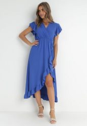 Granatowa Sukienka Mailcon. Niebieskie sukienki damskie Born2be, na imprezę, na lato, bez wzorów, eleganckie, bez kołnierzyka, bez ramiączek, maxi, kopertowe. Za 79.99 zł.