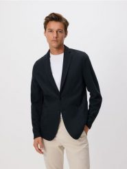 Marynarka slim fit - ciemnozielony. Zielone garnitury męskie Reserved, l, bez wzorów, z bawełny. W wyprzedaży za 159.99 zł.