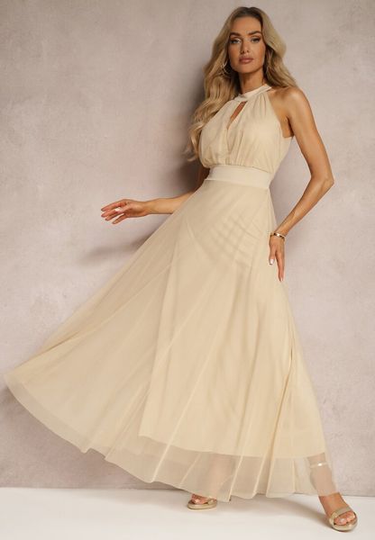 Beżowa Sukienka Koktajlowa z Siateczką Wiązana Materiałowym Paskiem ze Stójką Nestassi. Brązowe sukienki damskie Renee, m, bez wzorów, z materiału, wizytowe, bez kołnierzyka, bez ramiączek, maxi, kopertowe. Za 99.99 zł.