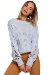 Sweter z Rozcięciem na Rękawach - Błękitny. Niebieskie swetry nierozpinane damskie MOE, l, bez wzorów, z materiału, bez kołnierzyka, bez ramiączek. Za 219.90 zł.