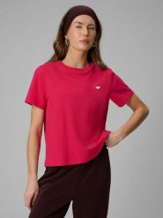 4F T-shirt boxy gładki damski - różowy L. Czerwone t-shirty damskie 4F, l, bez wzorów, z bawełny, bez kołnierzyka, bez ramiączek. W wyprzedaży za 39.99 zł.