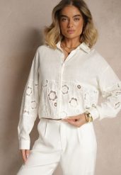 Biała Koszula Oversize z Lnem Zdobiona Ażurowymi Wstawkami Dannivra. Białe koszule damskie Renee, l, z aplikacjami, biznesowe, bez kołnierzyka, bez ramiączek. Za 89.99 zł.