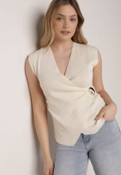 Beżowa Bluzka z Wiskozą Kopertowym Dekoltem i Metalową Klamrą z Boku Sanviel. Brązowe bluzki damskie Born2be, m, bez wzorów, z jeansu, bez kołnierzyka, bez ramiączek. Za 74.99 zł.