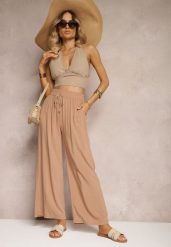 Beżowe Bawełniane Spodnie Kuloty High Waist z Gumką w Pasie Vimarielle. Brązowe spodnie materiałowe damskie Renee, bez wzorów, z bawełny, biznesowe, z podwyższonym stanem. Za 39.99 zł.