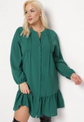 Ciemnozielona Koszulowa Sukienka Mini z Falbanką Brindel. Zielone sukienki damskie Born2be, l, bez wzorów, bez kołnierzyka, bez ramiączek, mini, koszulowe. Za 99.99 zł.