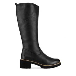 Kozaki Remonte. Czarne kozaki damskie Remonte, bez wzorów, bez obcasa, na słupku, bez zapięcia. Za 447.00 zł.