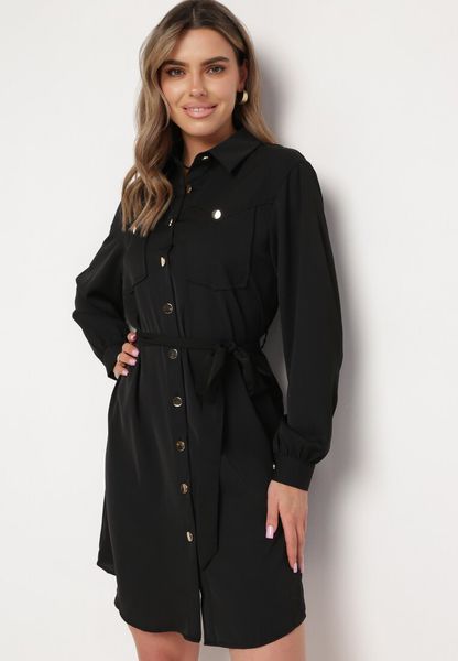 Czarna Sukienka Koszulowa z Wiązanym Paskiem Bufiastymi Rękawami Blemianna. Czarne sukienki damskie Born2be, do pracy, l, bez wzorów, biznesowe, bez kołnierzyka, bez ramiączek, koszulowe. Za 99.99 zł.
