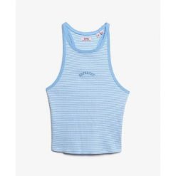 Tank top w paski z plecami w stylu sportowym i logo dla kobiet Superdry Essentia. Niebieskie koszulki sportowe damskie Superdry, bez wzorów, bez ramiączek. Za 96.35 zł.