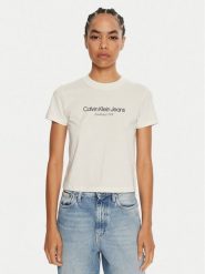 Calvin Klein Jeans T-Shirt J20J224914 Écru Regular Fit. T-shirty damskie Calvin Klein Jeans, xs, bez wzorów, z bawełny, bez kołnierzyka, bez ramiączek. Za 99.99 zł.
