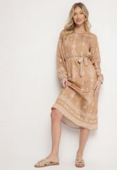 Beżowa Sukienka we Wzory Boho Pudełkowa z Paskiem w Talii Lisanea. Brązowe sukienki damskie Born2be, na co dzień, bez wzorów, z materiału, boho, bez kołnierzyka, bez ramiączek, midi, w kształcie A. Za 89.99 zł.