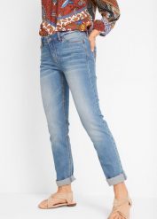 Dżinsy ze stretchem straight, mid waist. Niebieskie jeansy damskie bonprix, bez wzorów, z jeansu. Za 124.99 zł.