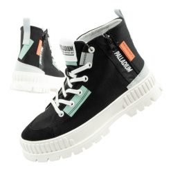 Buty za kostkę sportowe damskie Palladium Pallashock Backzip 2. Czarne obuwie sportowe damskie Palladium, bez wzorów, z bawełny, bez zapięcia, trekkingowe. Za 376.40 zł.
