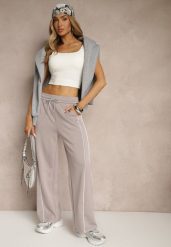 Szare Spodnie Dresowe z Bawełną o Szerokim Kroju High Waist z Paskami Salliara. Szare spodnie dresowe damskie Renee, bez wzorów, z bawełny, z podwyższonym stanem. Za 69.99 zł.