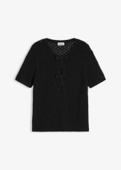 Sweter ażurowy z mieszanki bawełny. Czarne swetry nierozpinane damskie bonprix, w ażurowe wzory, z bawełny, bez kołnierzyka, bez ramiączek. Za 29.99 zł.