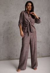 Brązowy Komplet z Wiskozą Bawełną i Lnem Wiązana Koszula i Szerokie Spodnie Ravisela. Brązowe koszule damskie Renee, l, bez wzorów, z bawełny, bez kołnierzyka, bez ramiączek. Za 219.99 zł.