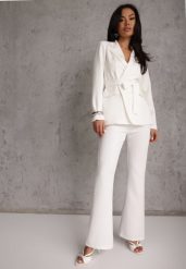 Biały Komplet o Garniturowym Kroju z Marynarką z Wiązaniem i Spodniami Falestra. Białe marynarki i żakiety damskie Renee, bez wzorów, casualowe, bez kołnierzyka, bez ramiączek. Za 229.99 zł.