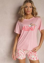 Jasnoróżowy Komplet Piżamowy T-shirt z Nadrukiem i Proste Spodnie w Cętki i Szorty Nirelsa. Czerwone piżamy damskie Renee, bez wzorów, bez ramiączek. Za 44.99 zł.