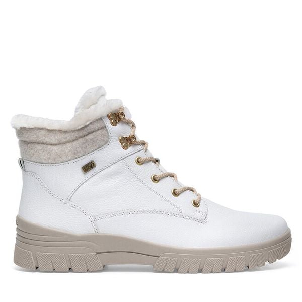 Trzewiki Remonte. Białe botki damskie Remonte, bez wzorów, bez obcasa, na płaskiej podeszwie, bez zapięcia. Za 375.00 zł.