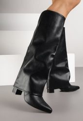 Czarne Botki na Słupku z Dodatkową Cholewką Imitującą Nogawkę Nalapeia. Czarne botki damskie Born2be, bez wzorów, z jeansu, bez obcasa, na obcasie, bez zapięcia. Za 159.99 zł.