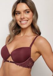 Ciemnofioletowy Biustonosz Push-Up z Koronkowym Paskiem Sarolin. Fioletowe biustonosze Born2be, bez wzorów, z koronki. Za 39.99 zł.