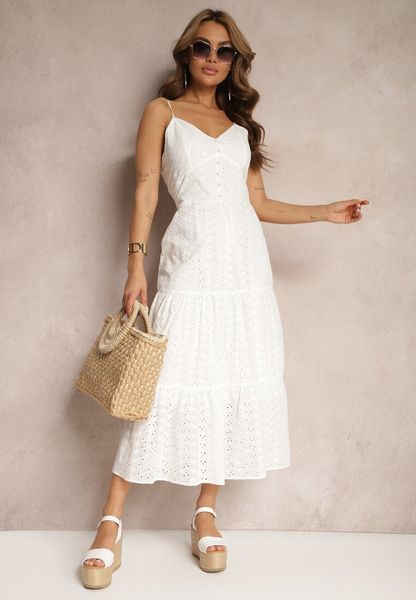Biała Bawełniana Sukienka z Cienkimi Ramiączkami o Haftowanym Wykończeniu z Gumką w Talii Lomila. Białe sukienki damskie Renee, na lato, m, bez wzorów, z bawełny, bez kołnierzyka, bez ramiączek, maxi, dopasowane. Za 129.99 zł.