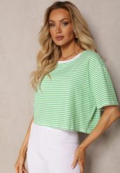Zielony Oversizowy T-shirt Cropped w Paski z Elastycznej Bawełny Akrida. Zielone t-shirty damskie Renee, l, bez wzorów, z bawełny, bez kołnierzyka, bez ramiączek. Za 24.99 zł.